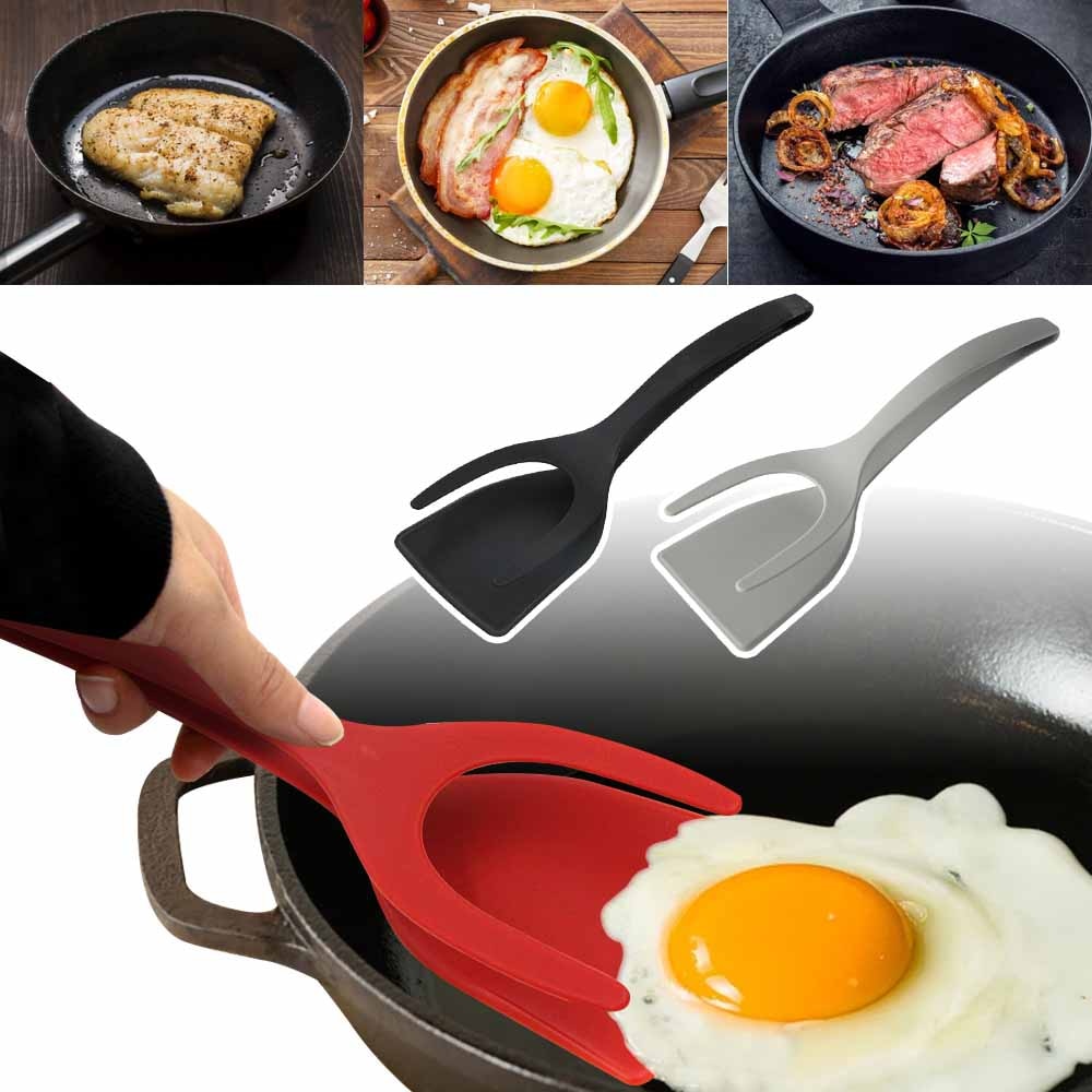 2in1 Grip and Flip Spatula Flipper Tong for Egg, Pancake and Fish Toast Omelet Making for Home Kitchen in Black